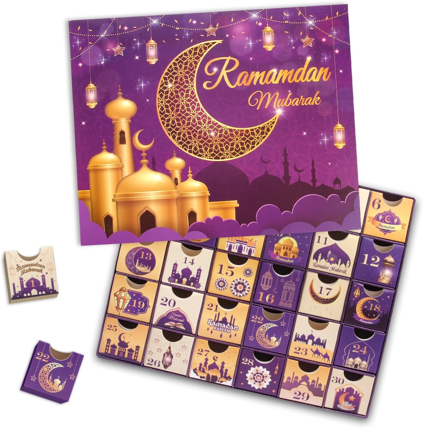 Days Of Eid Ramadan Countdown Calendar 30 Fillable Gift Boxes 12 8x10 6 Purple Islamic Design Empty Advent Calendar