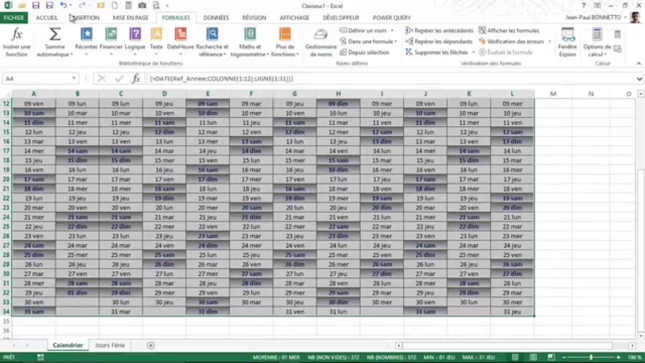 Excel Comment G n rer Un Calendrier Perp tuel Sous Excel YouTube
