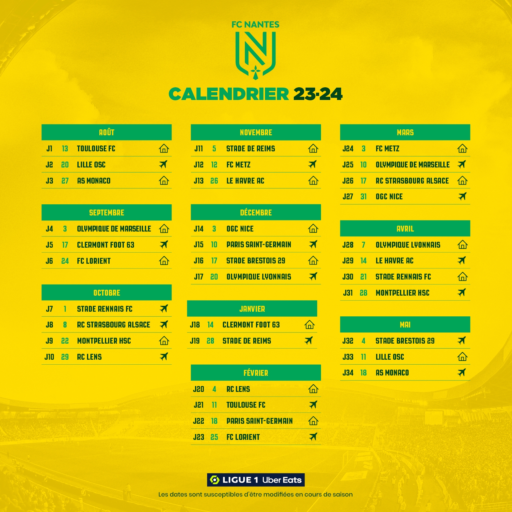 FC Nantes Ligue 1 Uber Eats Le Calendrier 2023 2024 Du FC Nantes D voil 
