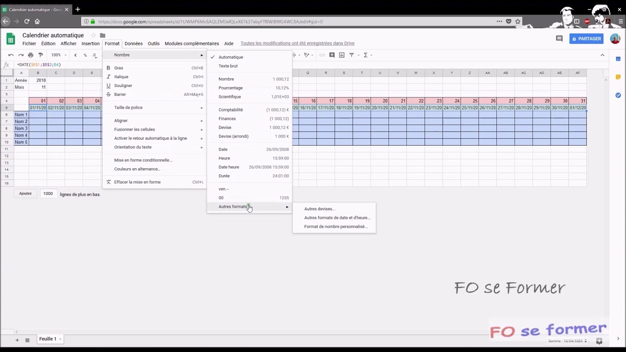 google sheets calendrier