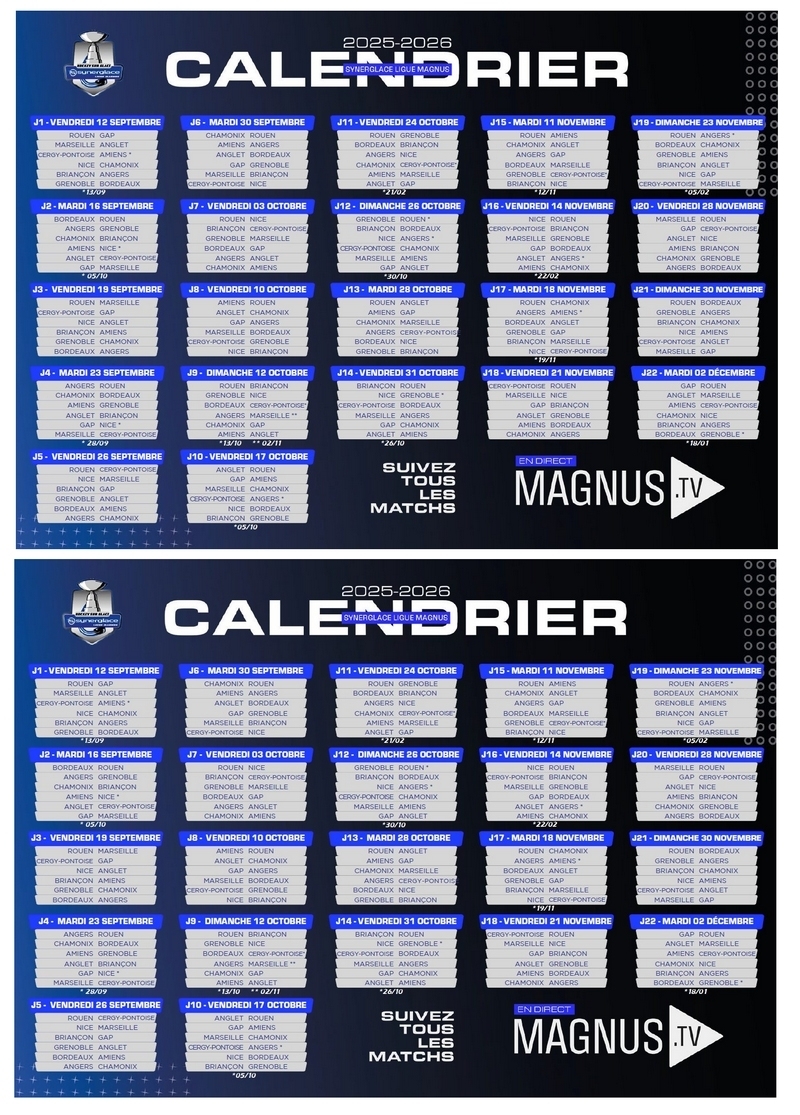Hockey Sur Glace MAGNUS Le CALENDRIER 2025 2026 Ligue Magnus Hockey Hebdo