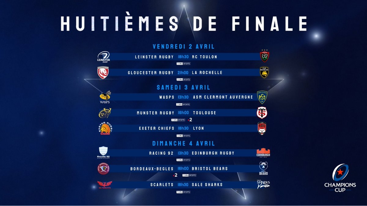 Investec Champions Cup France On X Calendrier Des Huiti mes De Finale De La Champions Cup Voici Les Dates Exactes Les Coups D envoi Les Stades Et Les Diffuseurs Pour Les Premiers