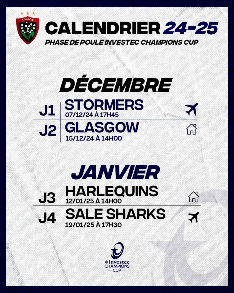 Investec Champions Cup Le Calendrier Est Connu Espace Partenaires Rugby Club Toulonnais