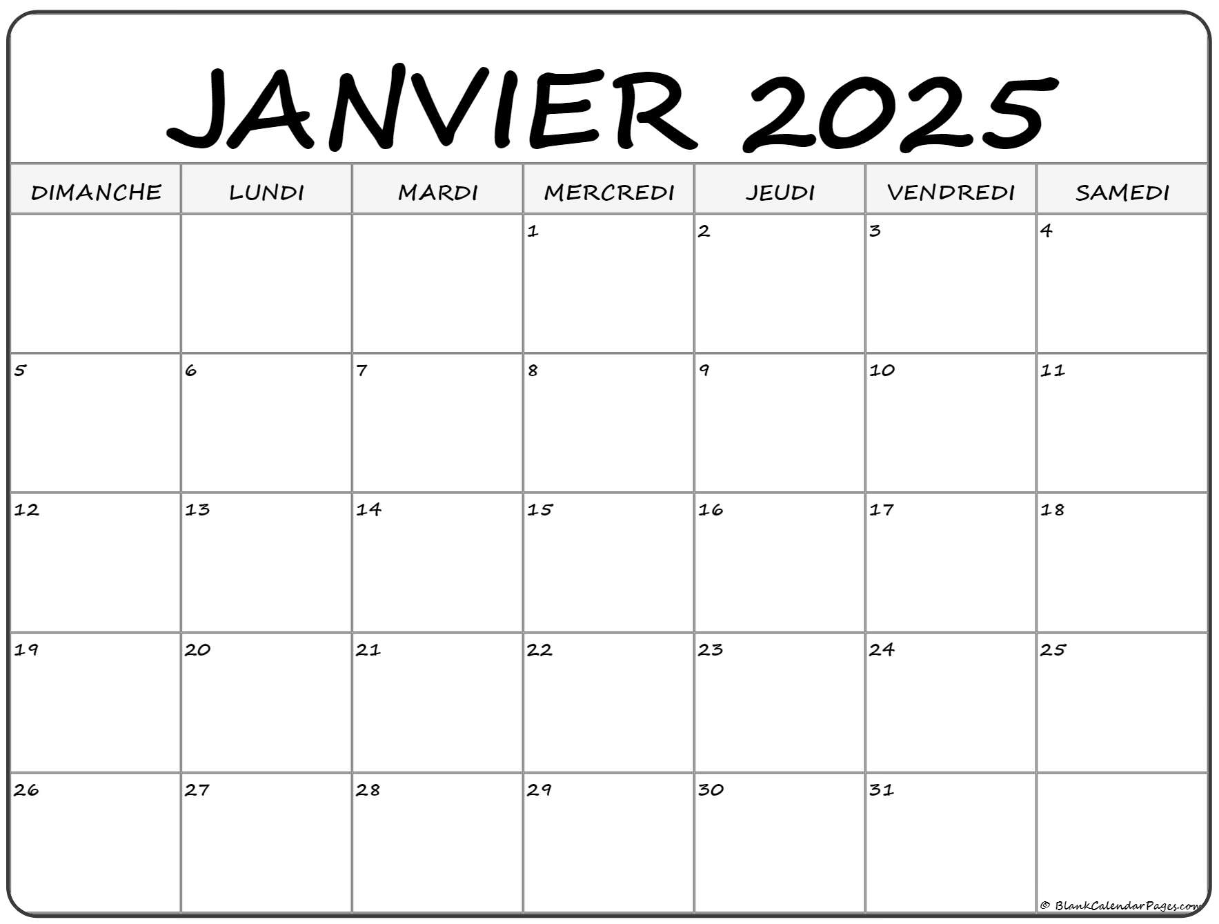 Janvier 2025 Calendrier Imprimable Calendrier Gratuit