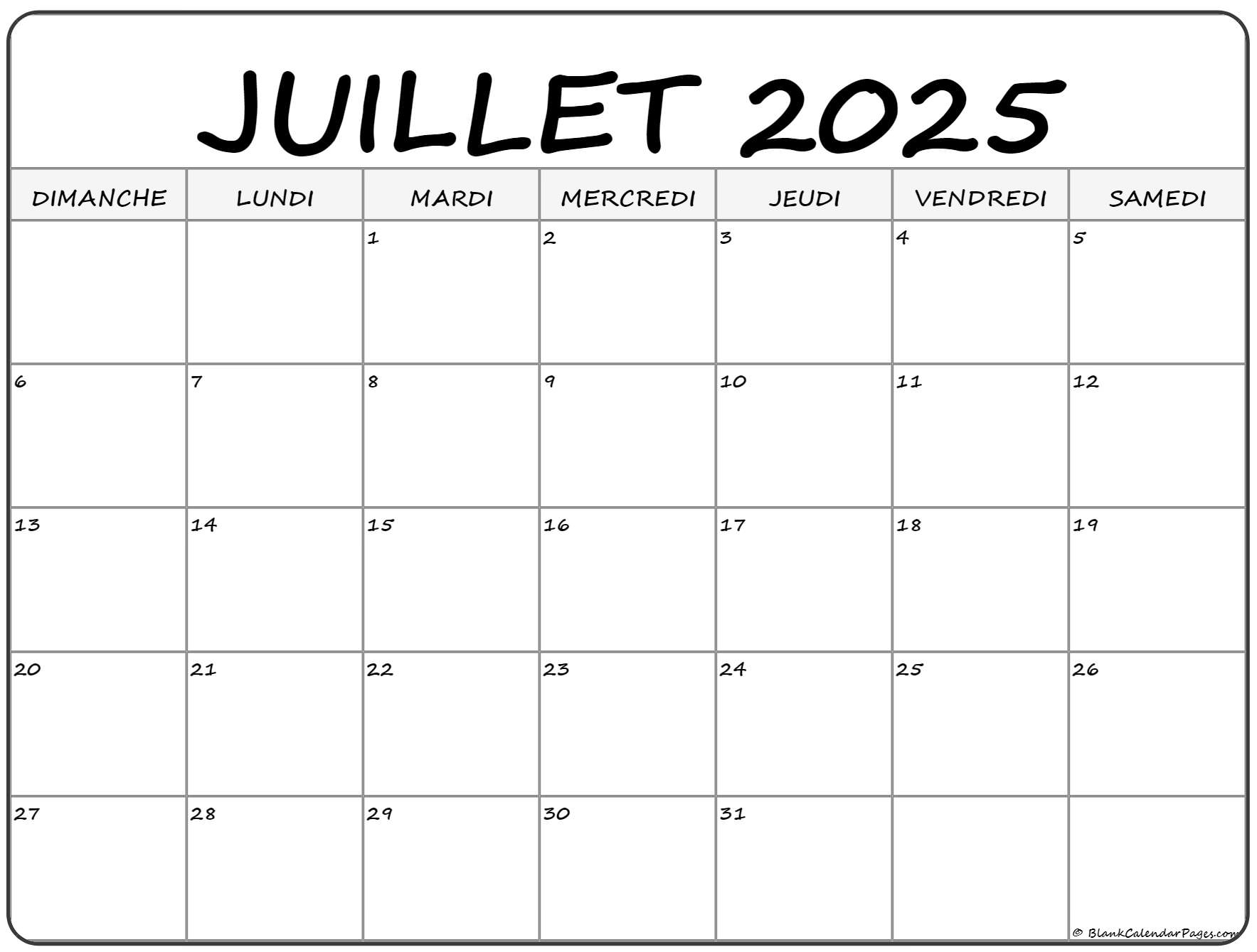 Juillet 2025 Calendrier Imprimable Calendrier Gratuit
