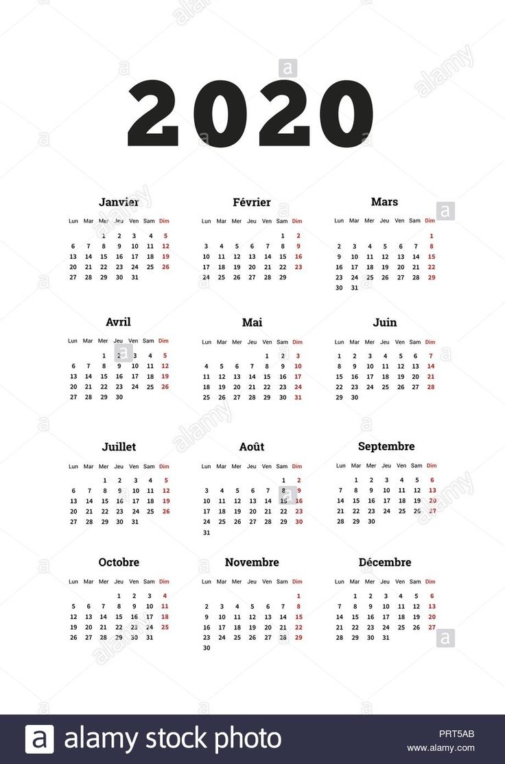 L ann e 2020 Calendrier Simple Sur La Langue Fran aise Format A4 Feuille Verticale Isolated On White Image Vectorielle Stock Alamy