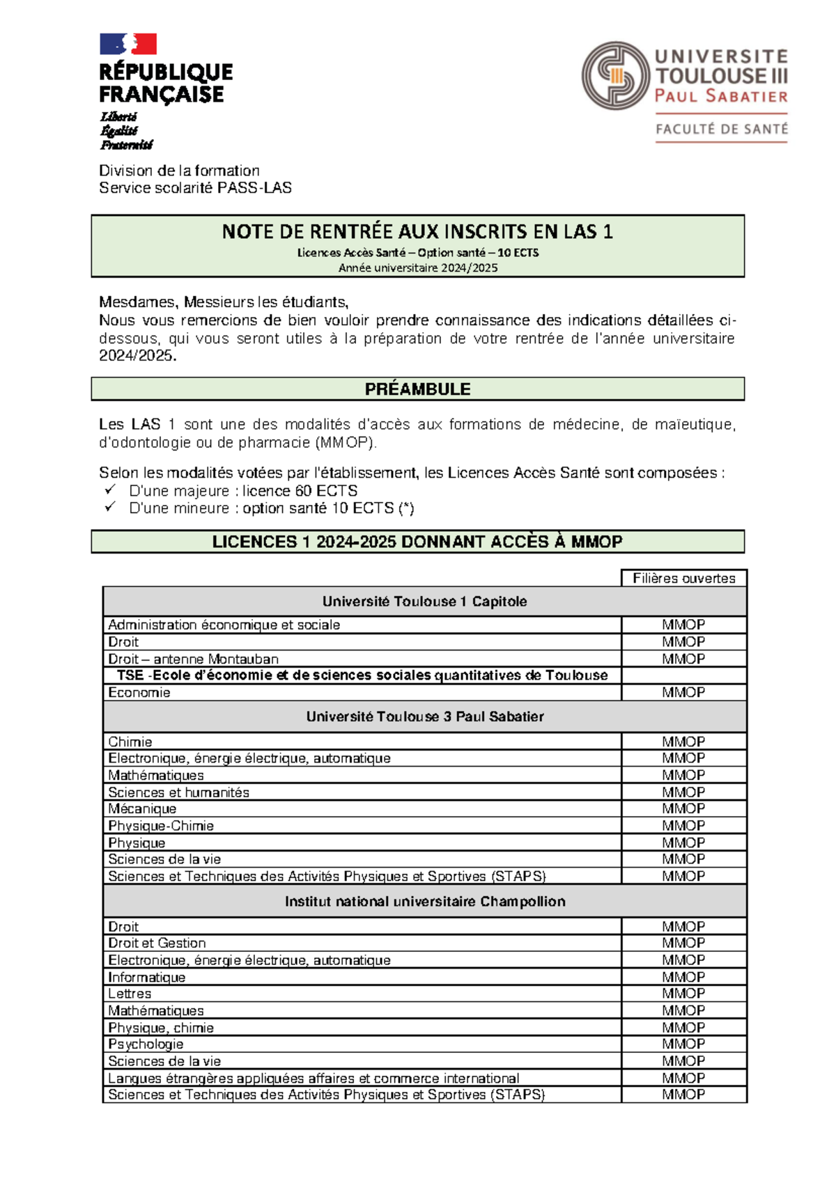 LAS 1 Note De Rentr e 2024 2025 Pour Inscription En Licences Acc s Sant Studocu