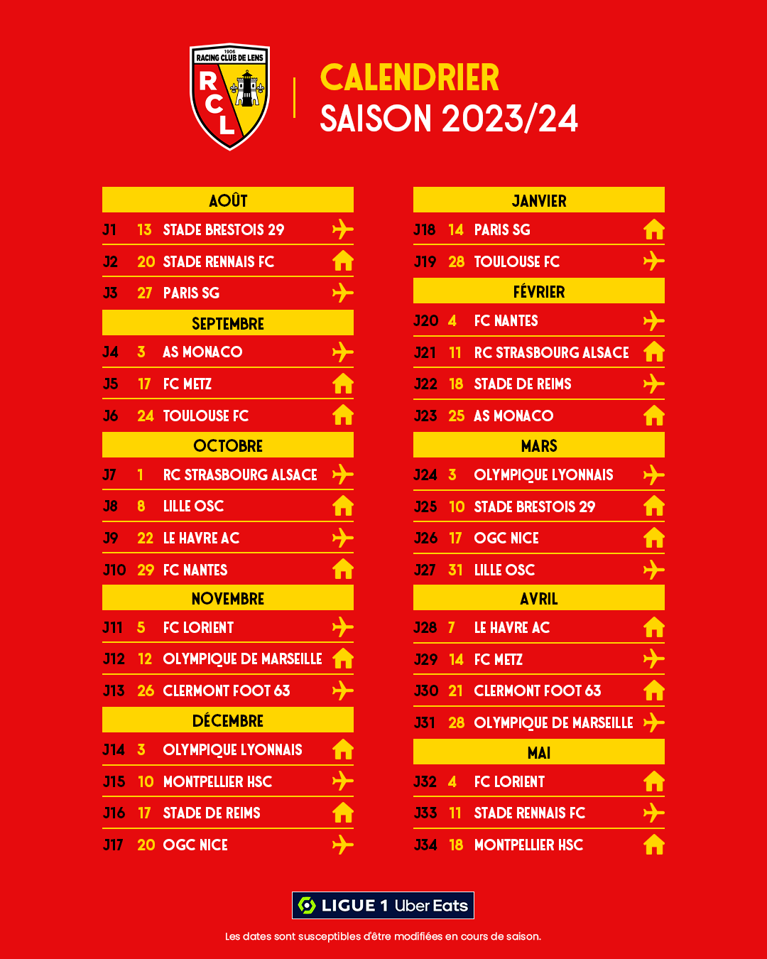 Le Calendrier Du Racing Saison 2023 2024 RC Lens