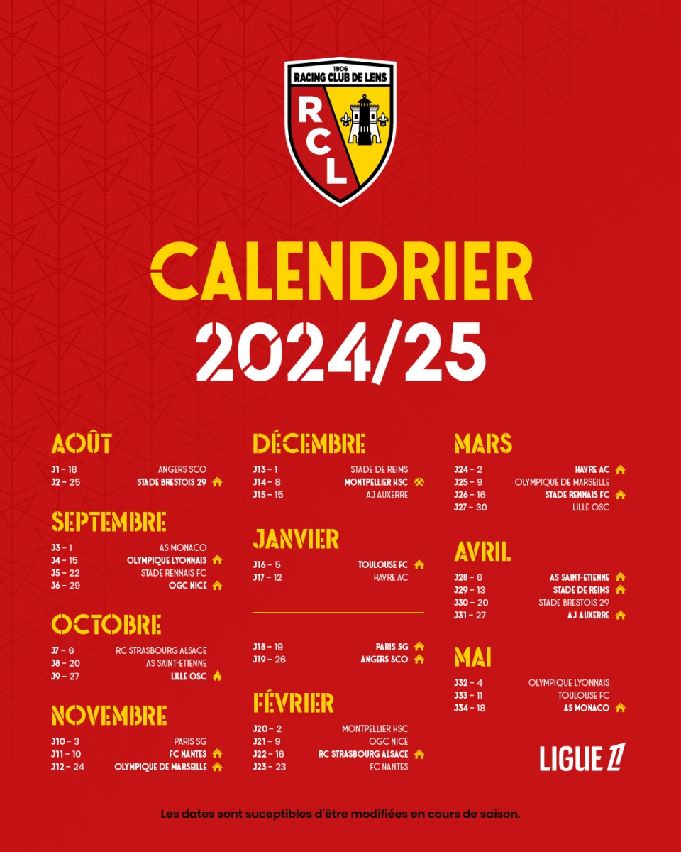 Le Calendrier Du Racing Saison 2024 2025 RC Lens