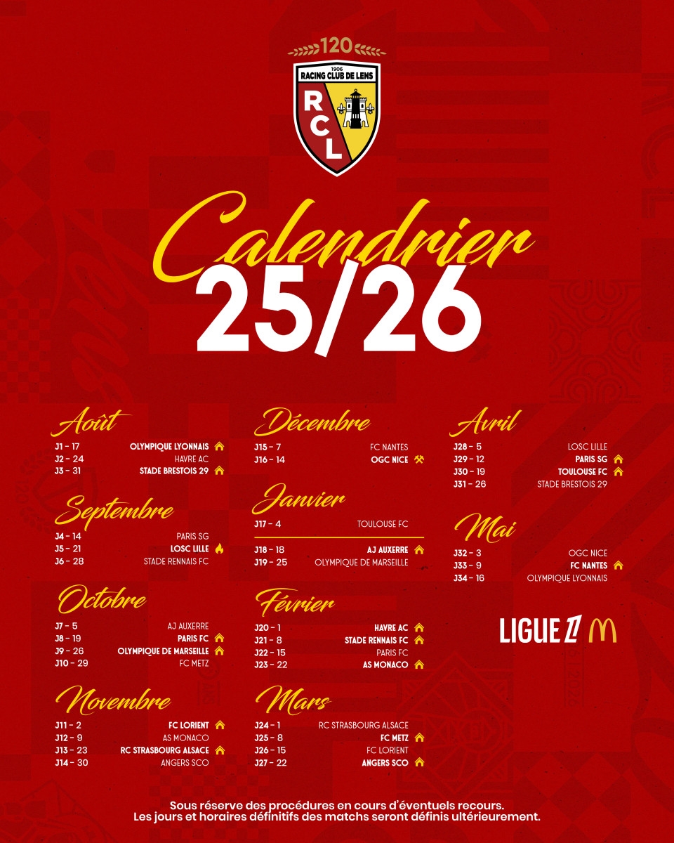 Le Calendrier Du Racing Saison 2025 26 RC Lens