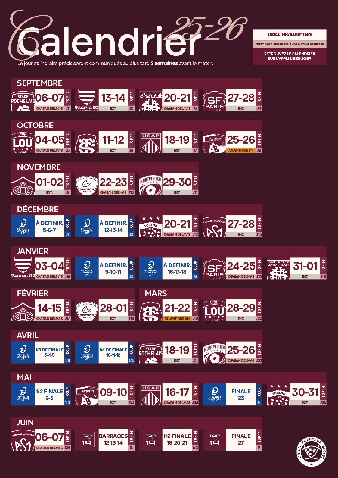 calendrier top 14