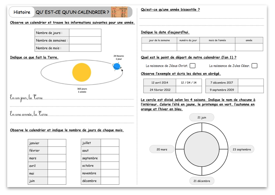évaluation calendrier ce1