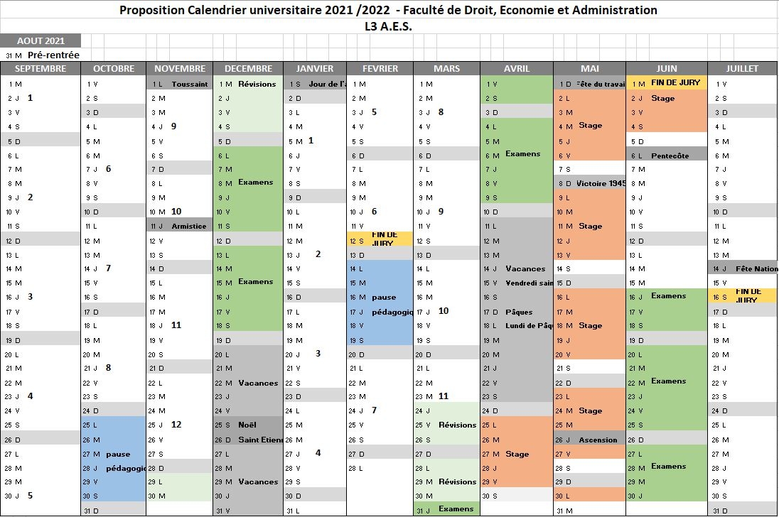 Le Calendrier Universitaire 2021 2022 Fac droit economie administration Dev