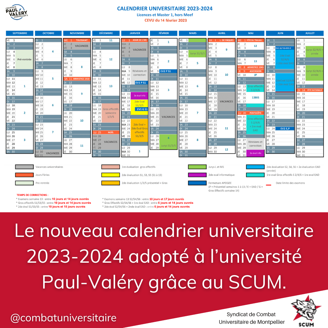 Le Nouveau Calendrier Universitaire 2023 2024 Adopt L universit Paul Val ry Gr ce Au SCUM Syndicat De Combat Universitaire De Montpellier SCUM