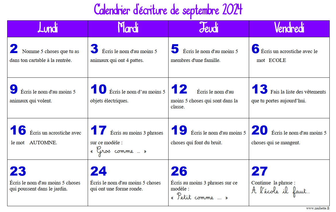 Les Calendriers D criture CE1 De L ann e 2024 2025 Toutes Zones Zaubette