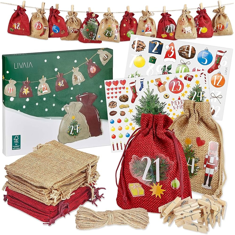 LIVAIA Calendrier De L Avent Remplir Soi m me Magnifique Calendrier De L Avent Faire Soi m me Avec 24 Sacs En Jute Et Autocollants Calendrier De L Avent Bricolage DIY Par LIVAIA Amazon fr Fournitures