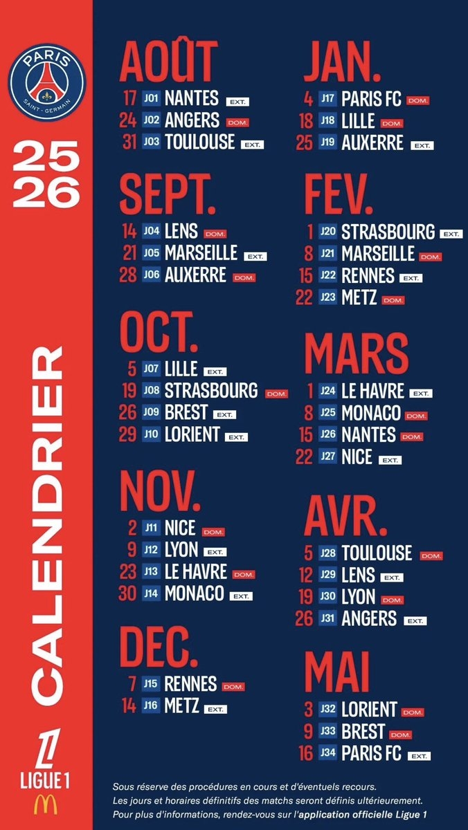 MacSpace On X Voici Le Calendrier Pour La Saison 2025 2026 Du Paris Saint Germain Les Dates Retenir OM PSG 21 Septembre 2025 PSG OM 