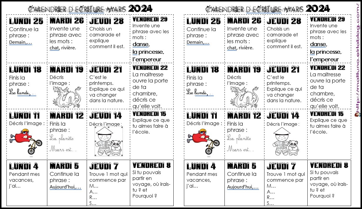 calendrier d'écriture cp