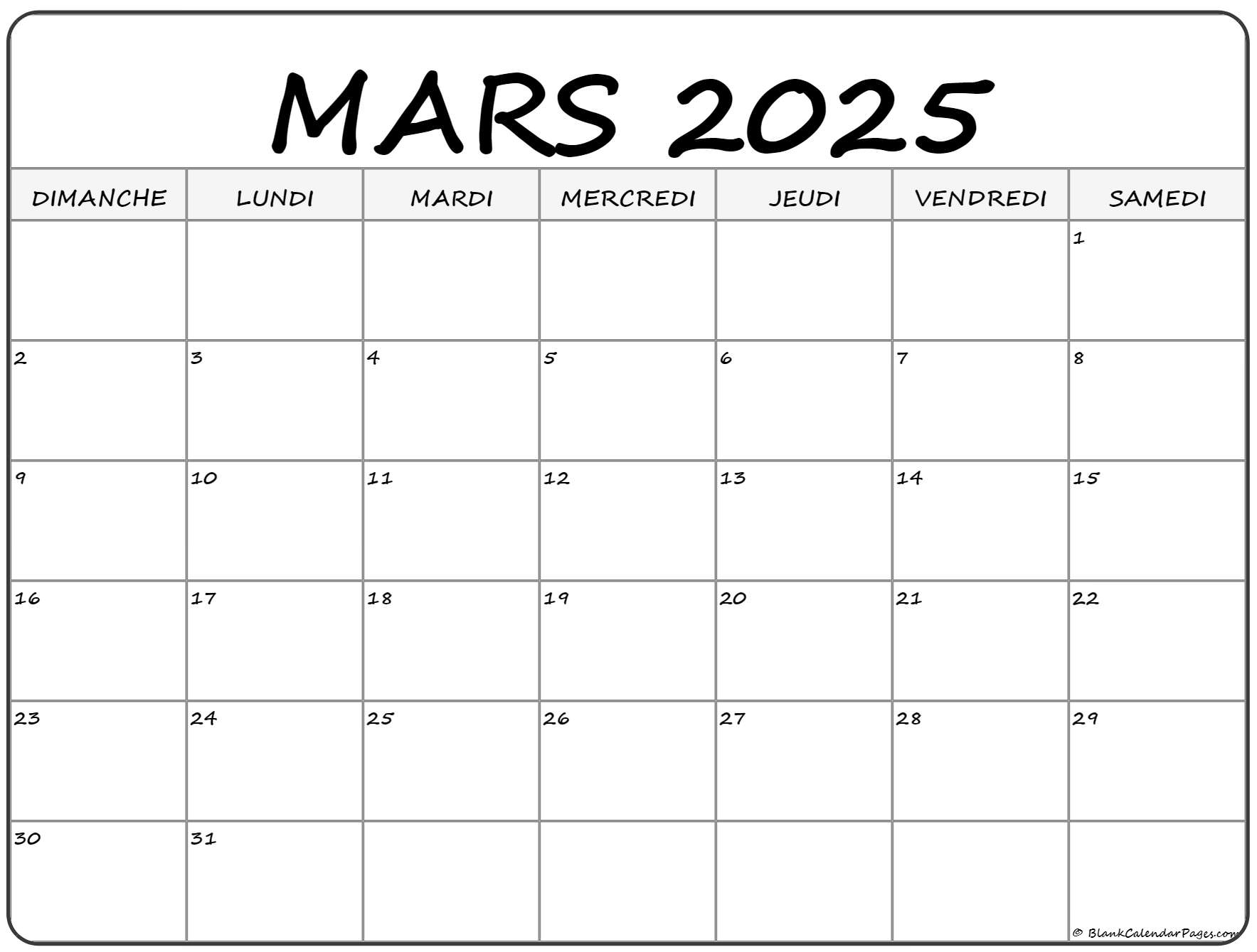 Mars 2025 Calendrier Imprimable Calendrier Gratuit