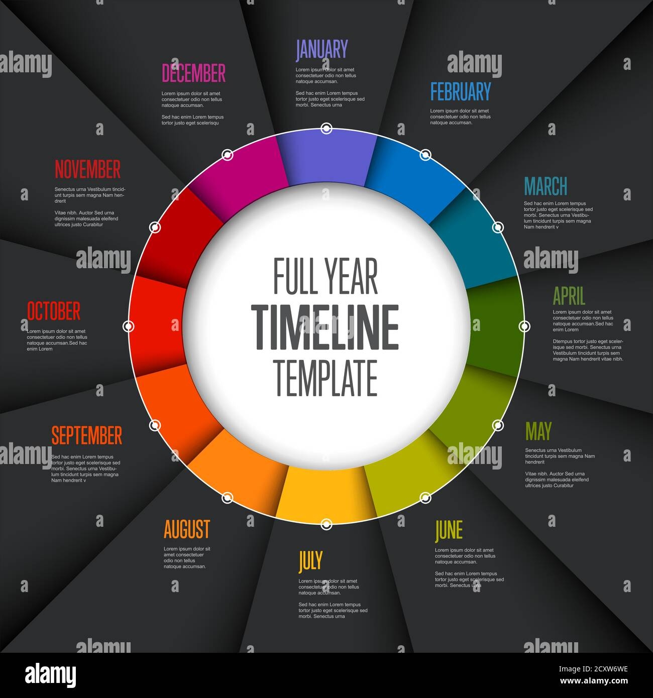 Mod le De Calendrier De L ann e Compl te Avec Tous Les Mois En Cercle Pli s Papiers Arc en ciel Version Fonc e Image Vectorielle Stock Alamy