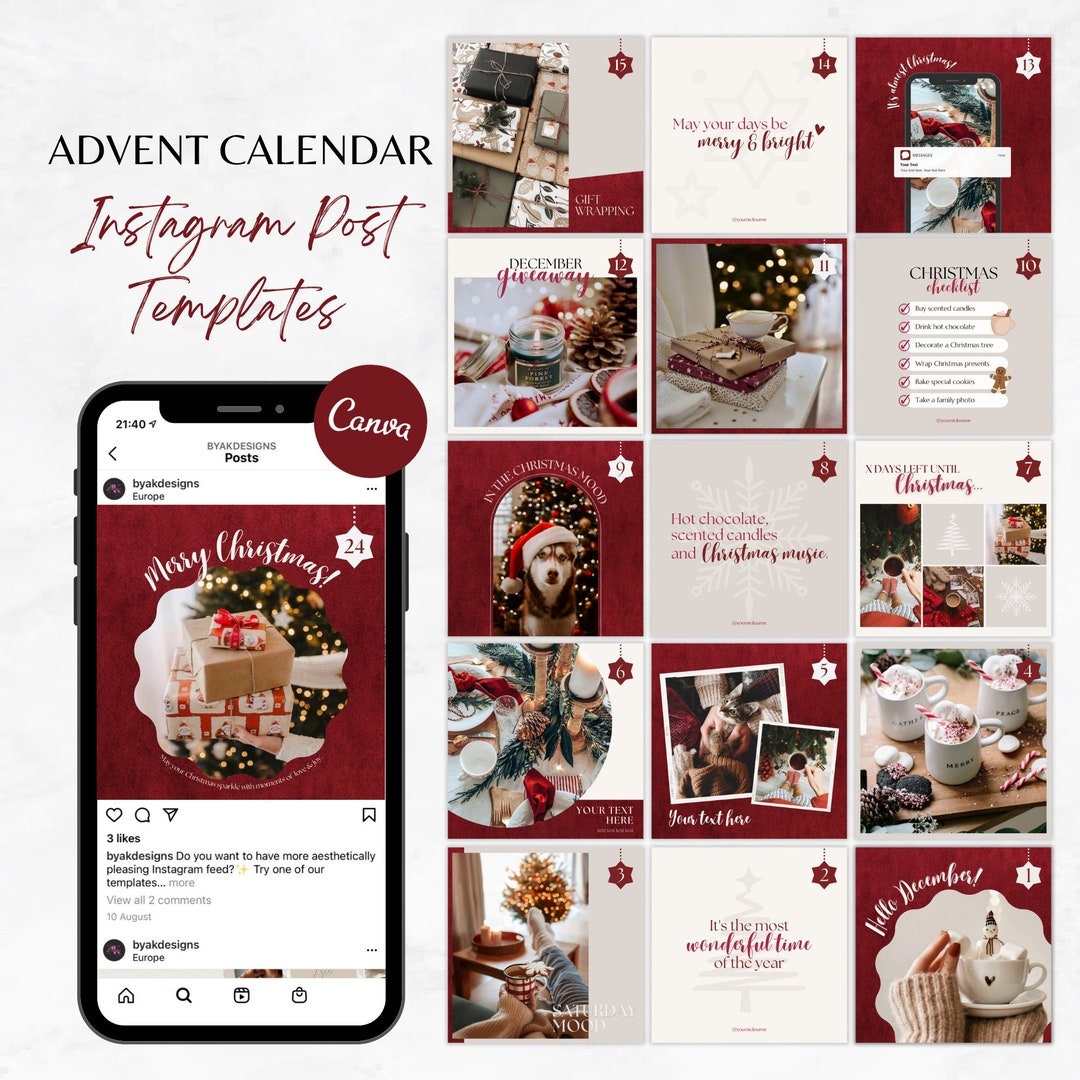 Mod les De Publication Instagram No l Calendrier De L Avent Instagram Flux Vacances Instagram Mod le Canva No l Mod le Calendrier De L Avent Rouge Etsy France