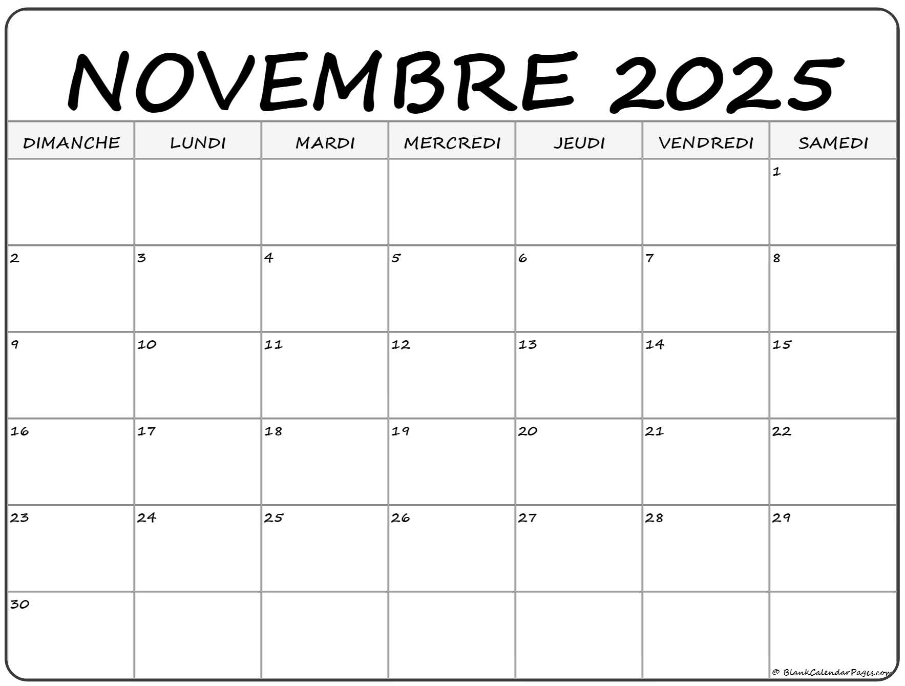 Novembre 2025 Calendrier Imprimable Calendrier Gratuit