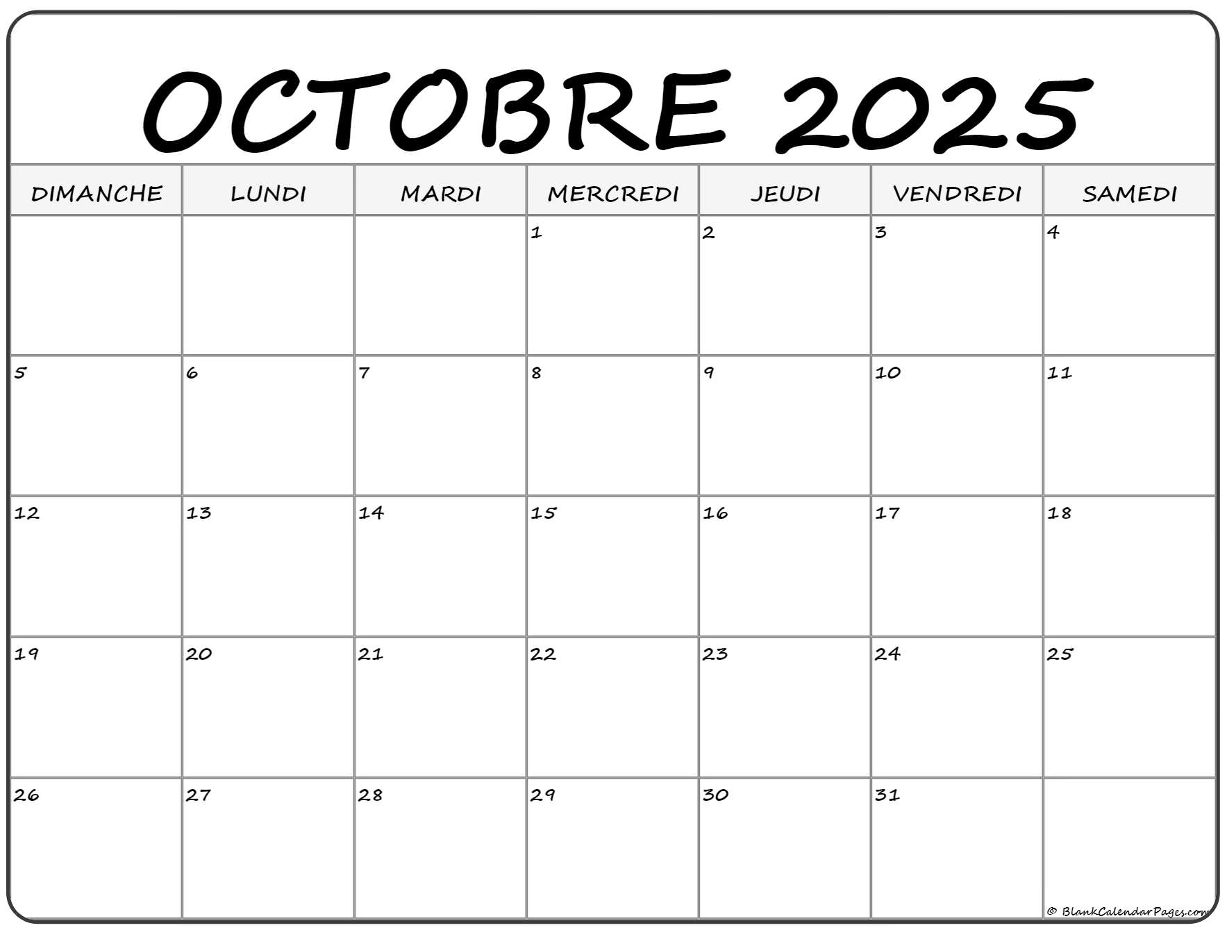 Octobre 2025 Calendrier Imprimable Calendrier Gratuit
