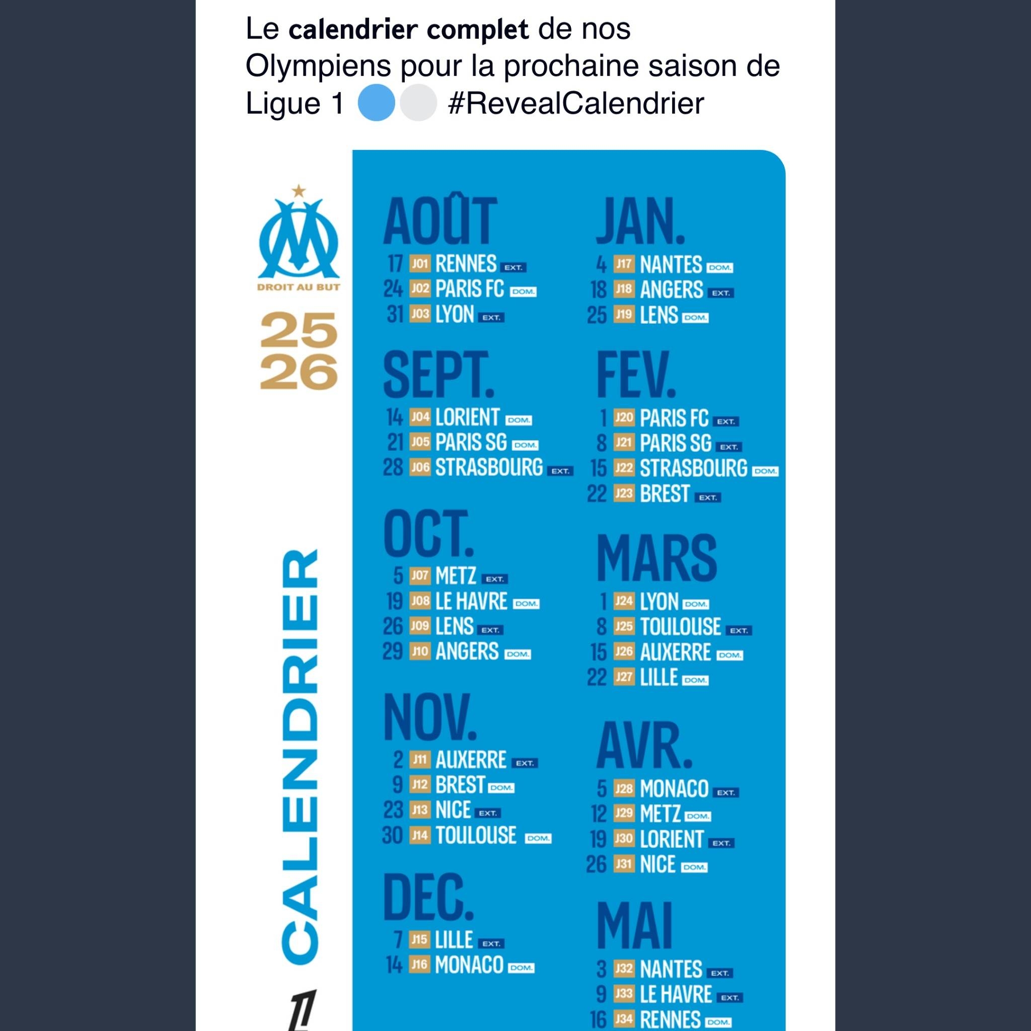 OM Le Calendrier Complet De La Saison OM Actu Foot Par Le Phoc en