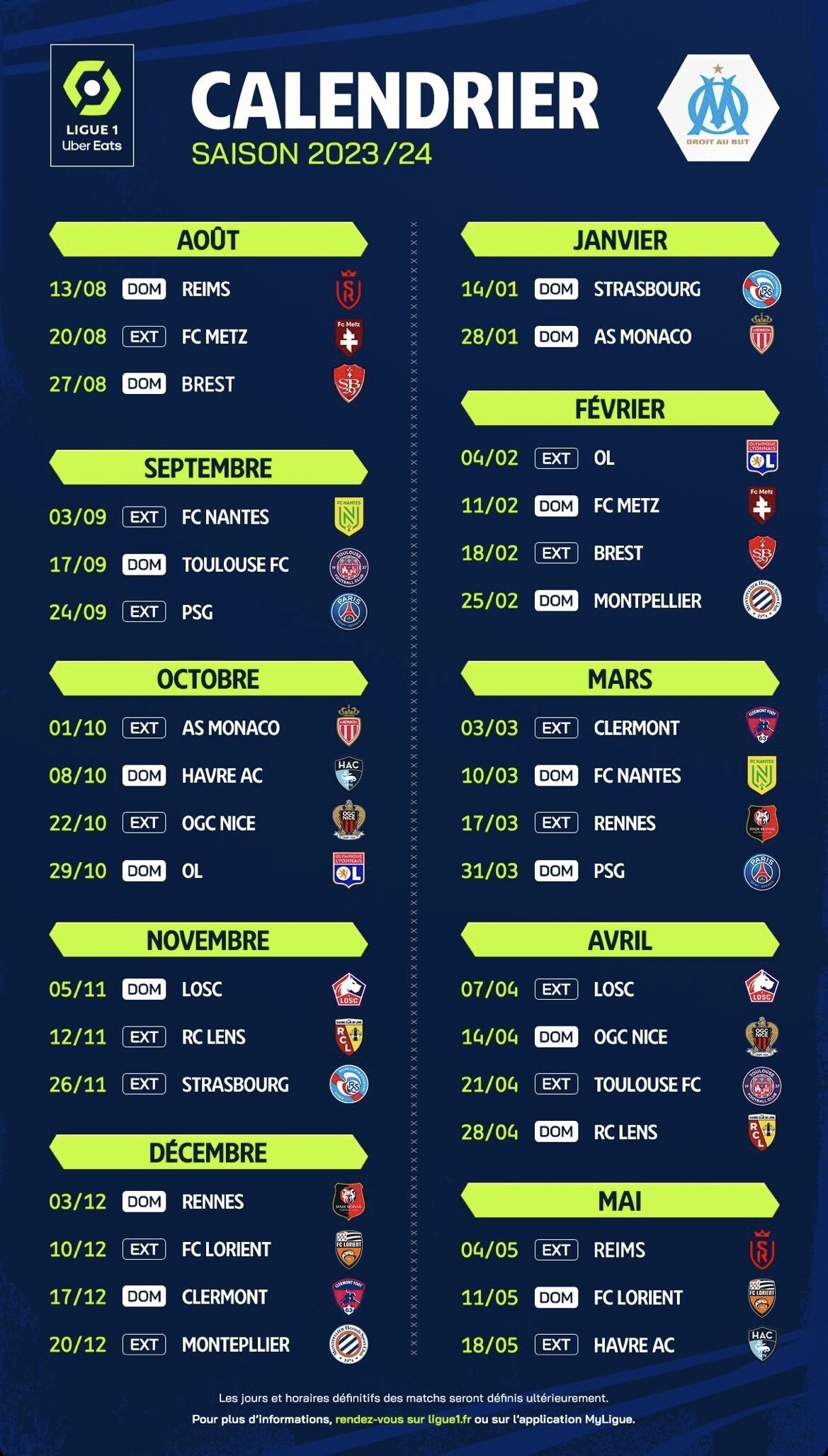 OM Saison 2023 2024 Voici Le Calendrier Des Olympiens