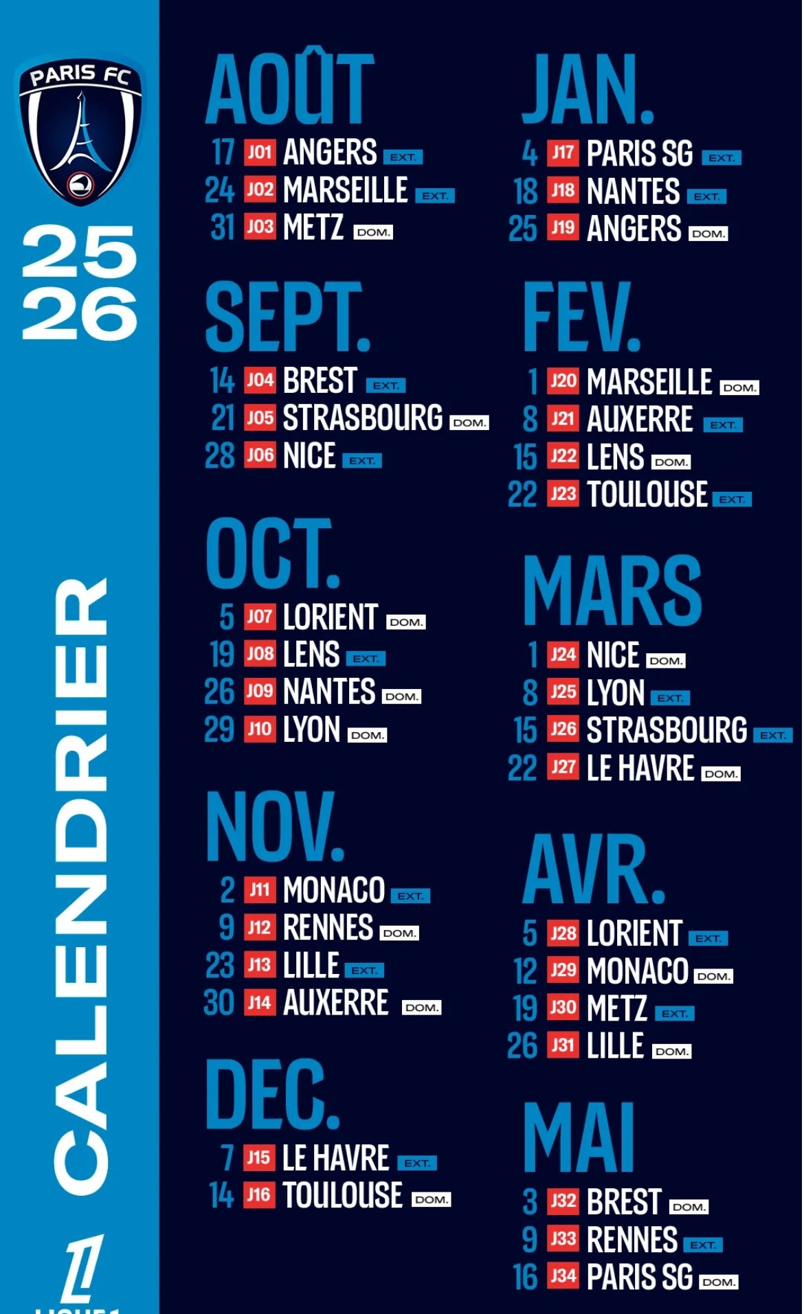 Paris FC Le Calendrier Complet De La Saison 2025 2026 De Ligue 1 Du Promu Le Parisien Paris FC Le Calendrier Complet De La Saison 2025 2026 De Ligue 1 Du Promu Le Parisien