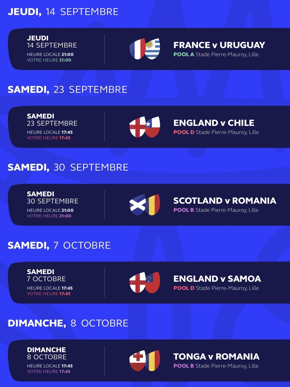 Planning Match Rugby France