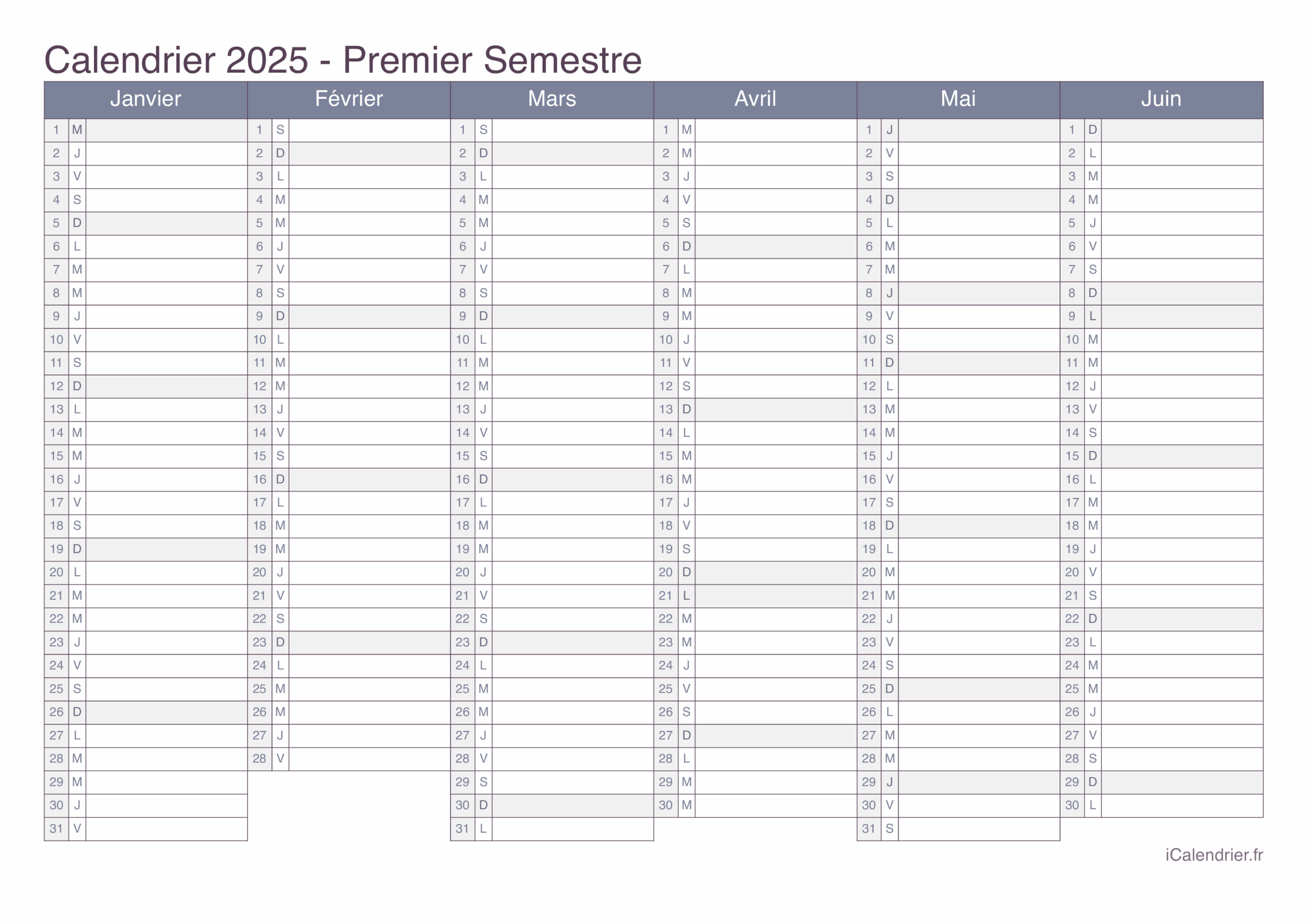 Premier Semestre Calendrier 2025