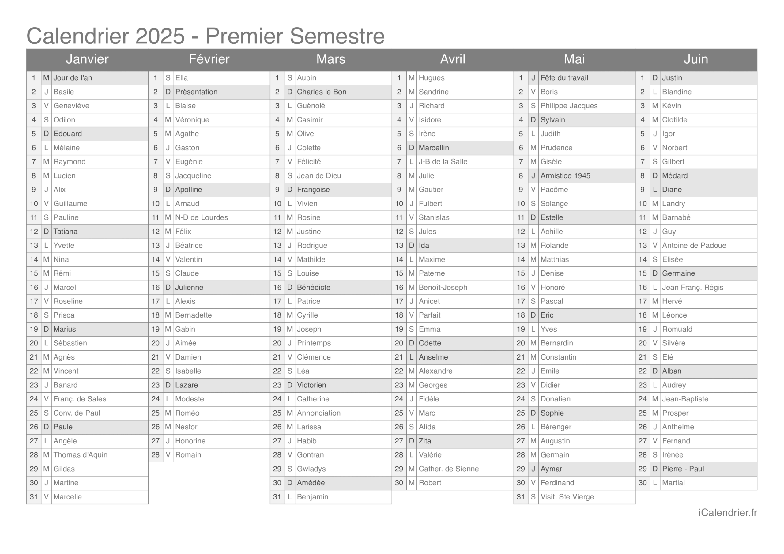 Premier Semestre Calendrier 2025