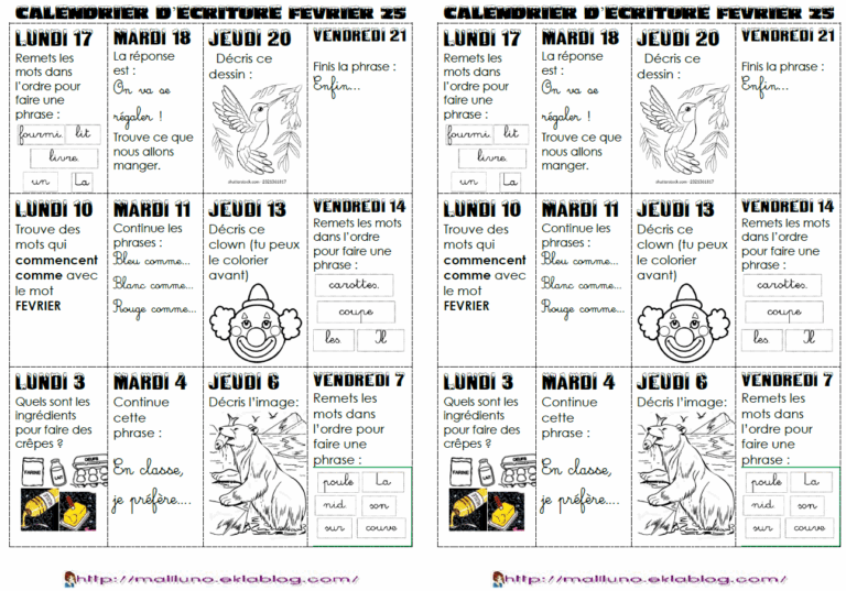 PRODUCTION ECRIT CP Le Calendrier D criture Chez Maliluno