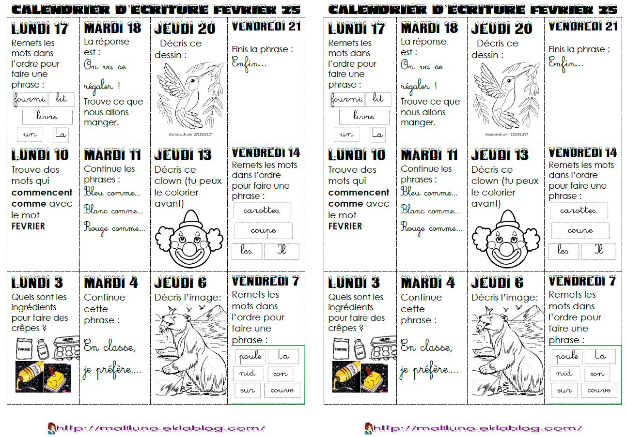 PRODUCTION ECRIT CP Le Calendrier D criture Chez Maliluno