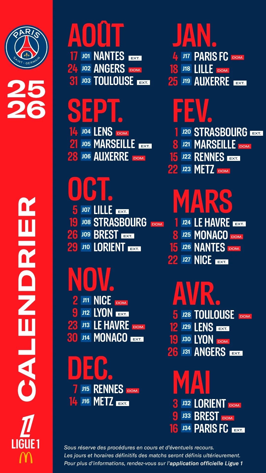 PSG Le Calendrier Complet De La Saison 2025 2026 De Ligue 1 Des Champions En Titre Le Parisien PSG Le Calendrier Complet De La Saison 2025 2026 De Ligue 1 Des Champions En Titre Le Parisien