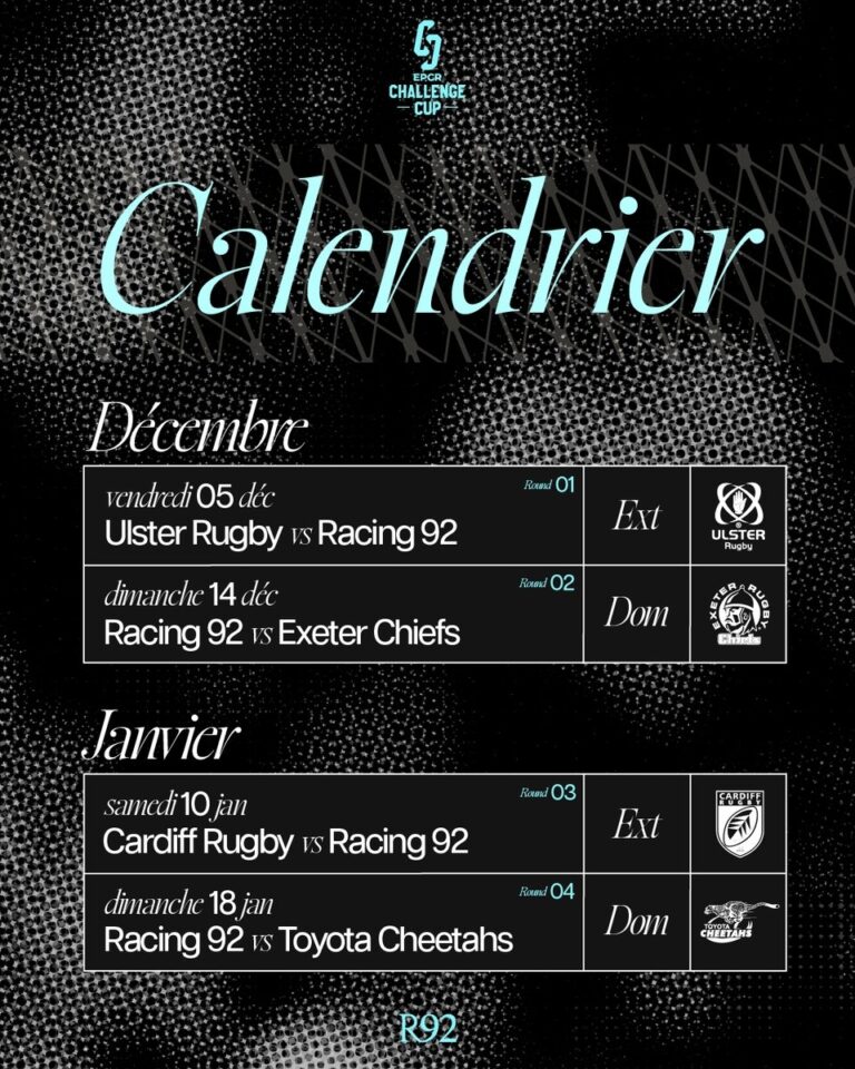 Racing 92 On X La D couvrez Notre De ChallengeCup Exeter Et Toyota Cheetas Ulster Et Cardiff Plus D infos Https t co SXjMH1dW3V Le Calendrier