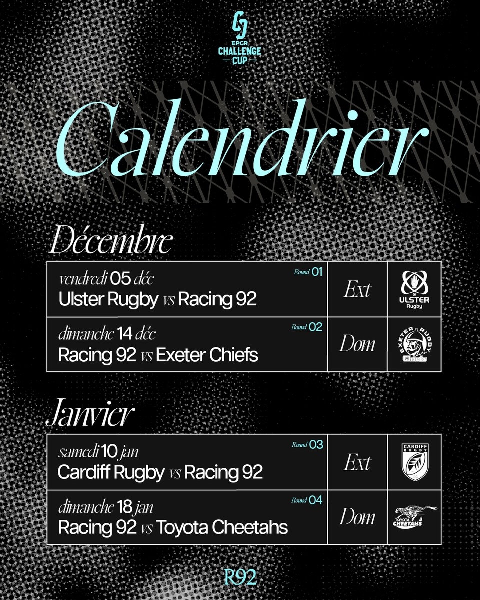 Racing 92 On X La D couvrez Notre De ChallengeCup Exeter Et Toyota Cheetas Ulster Et Cardiff Plus D infos Https t co SXjMH1dW3V Le Calendrier