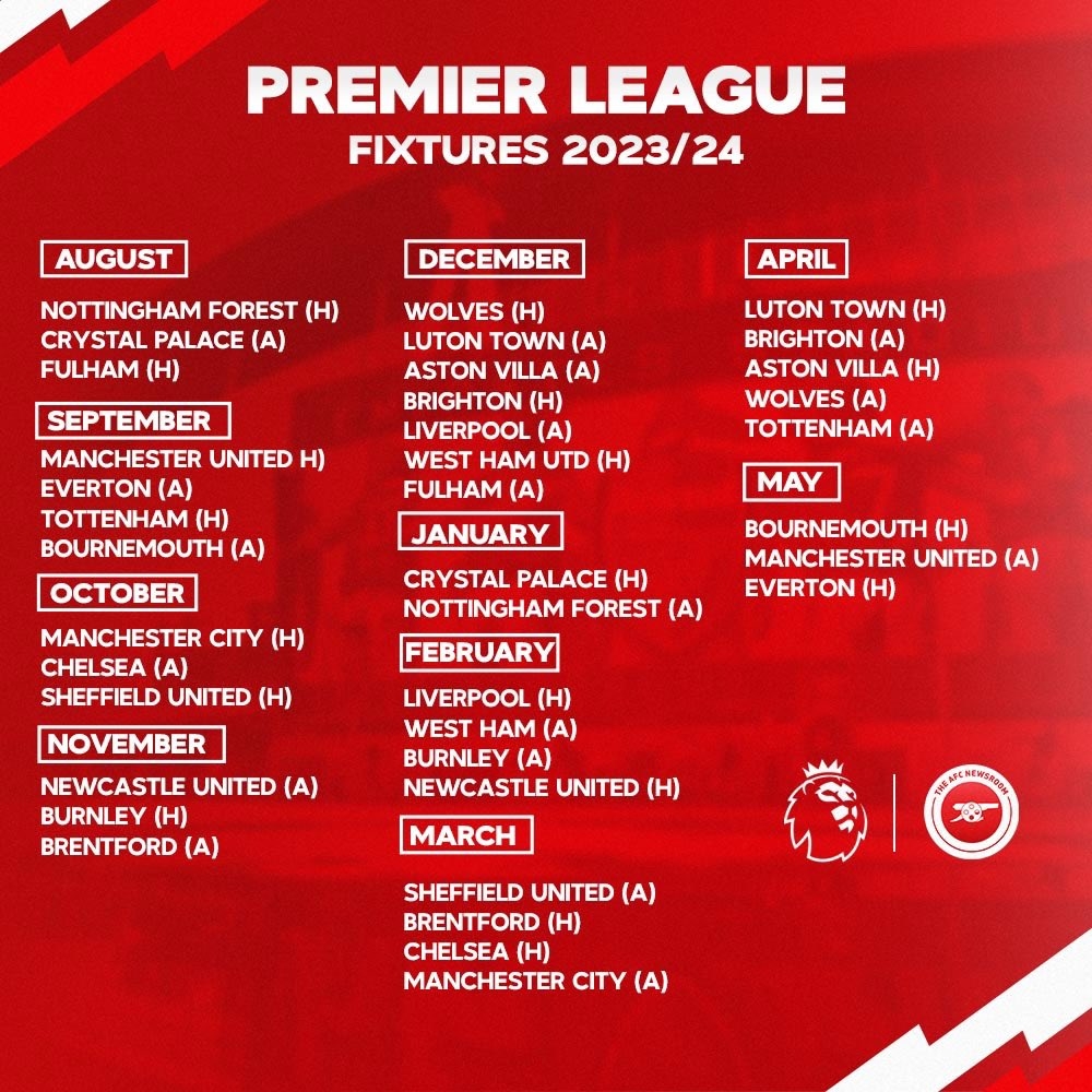 Red Mans On X Official Premier League Fixtures 2023 24 Arsenal Opening Fixture Nottingham Forest H September October Gonna Be Tough And Crucial Against 4 Top Six Teams Man United Tottenham Manchester City And
