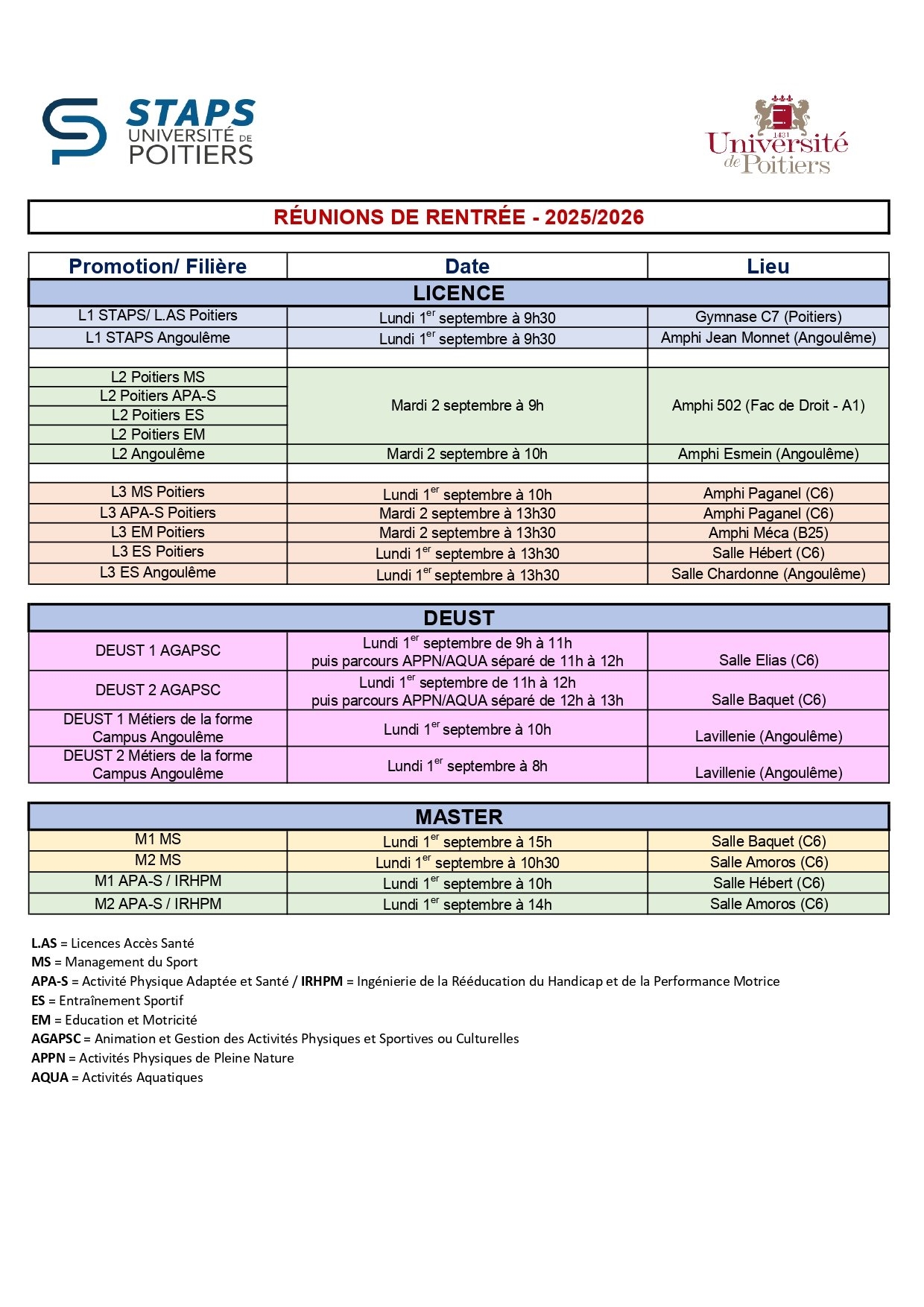 Rentr e 2025 2026 Calendrier Des R unions De Rentr e Et Informations UFR FSS Facult Des Sciences Du Sport