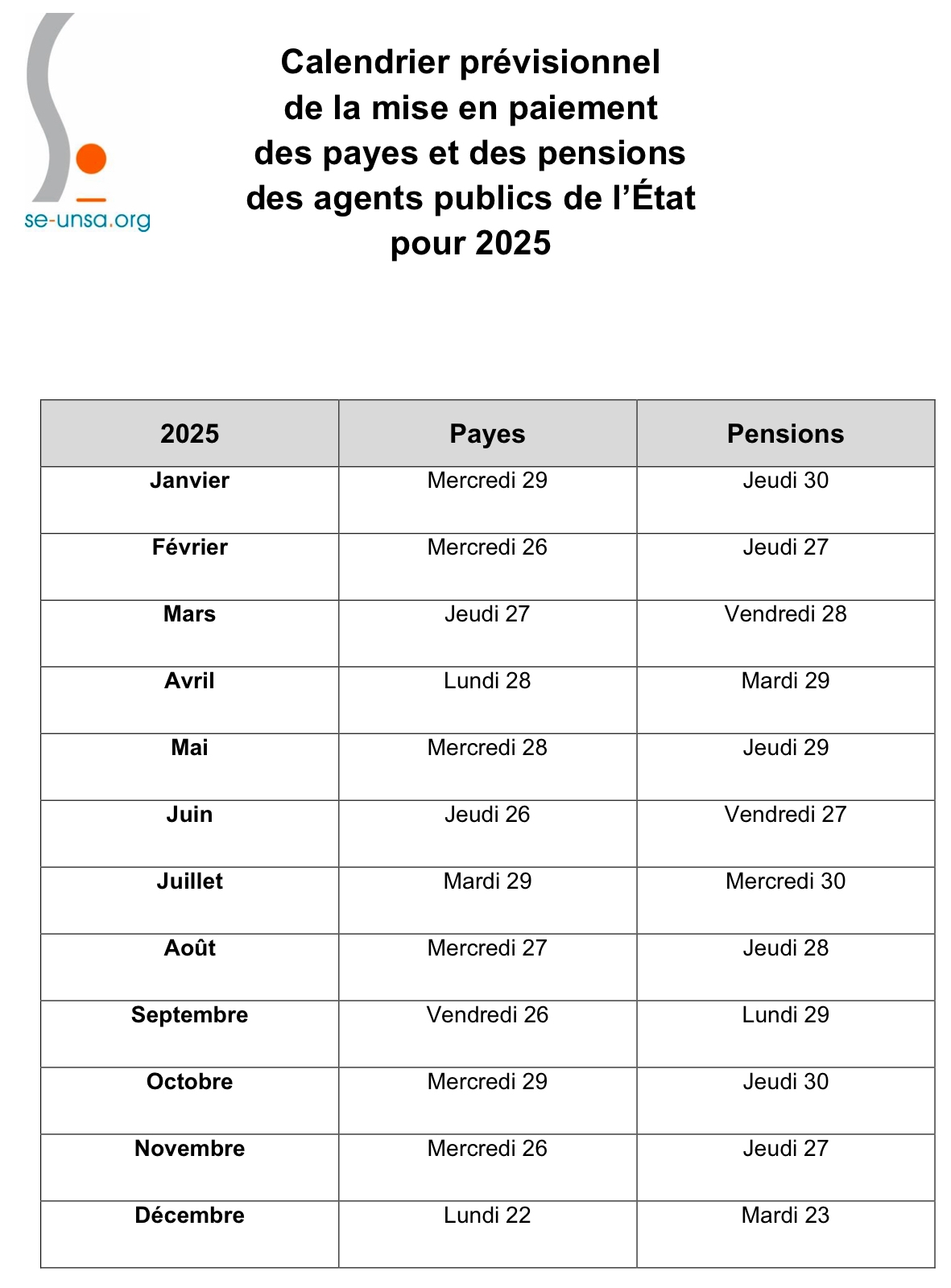 calendrier paye éducation nationale