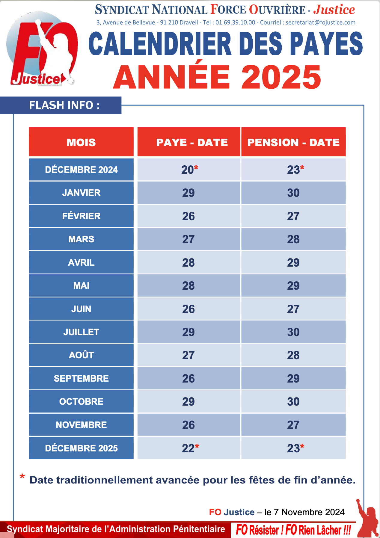 Syndicat FO Justice Calendrier Des Payes 