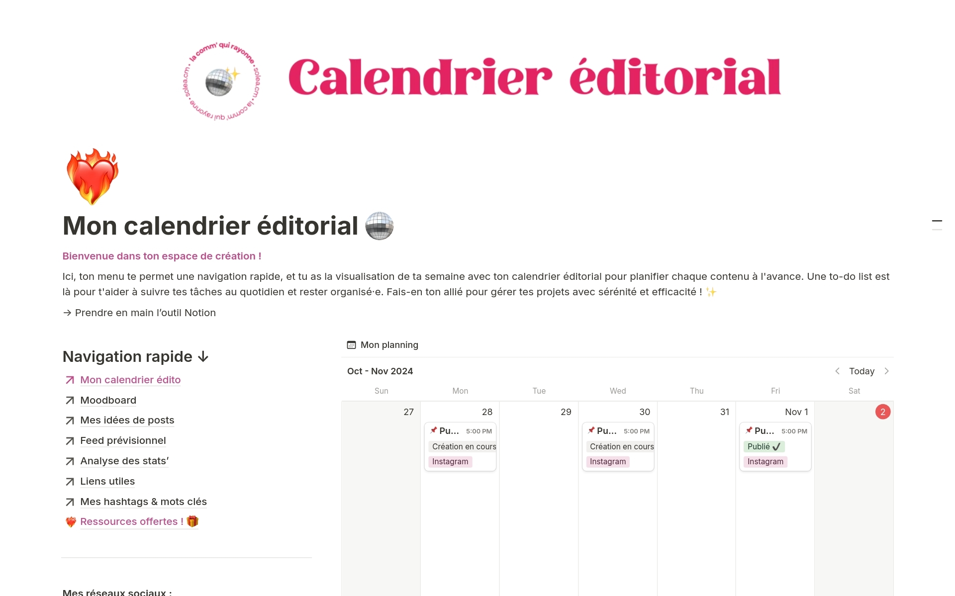 Templat Calendrier ditorial Instagram Notion Marketplace