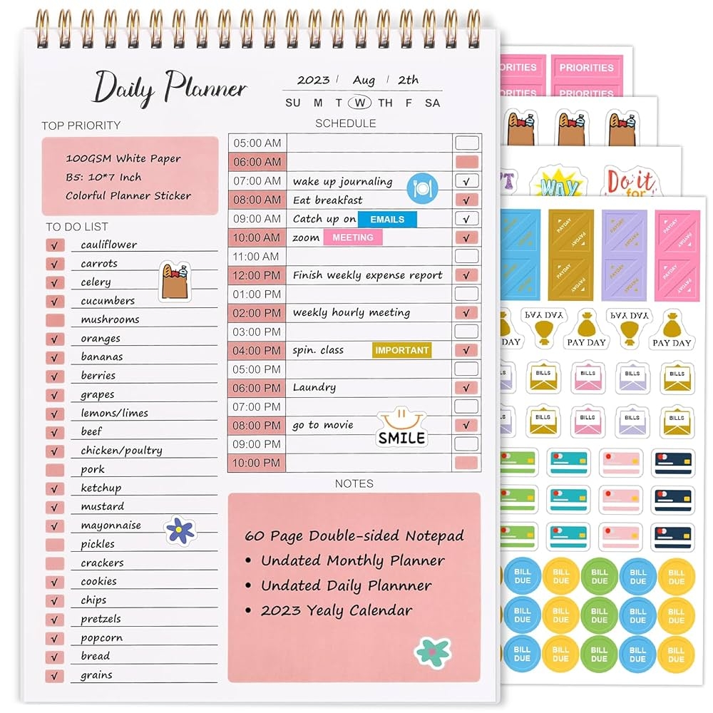 To Do List Bloc notes Avec Emploi Du Temps Horaire Planificateur Quotidien Non Dat Et Calendrier Mensuel Avec Liste De Contr le 60 Feuilles 17 8 X 25 4 Cm Format B5 100 G m Pour Le