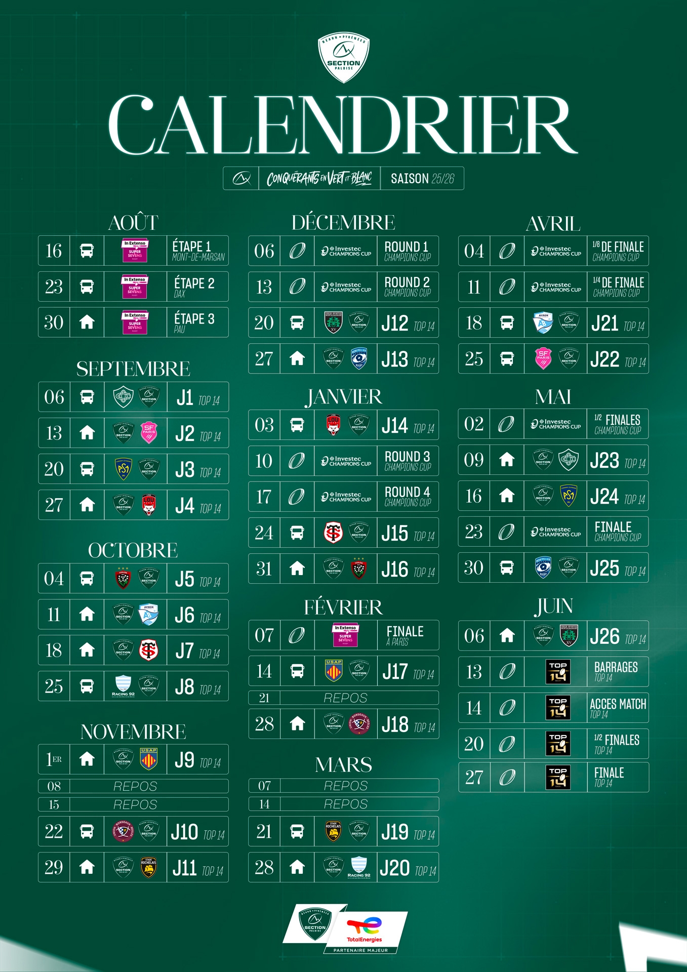 TOP 14 Le Calendrier 2025 2026 Section Paloise