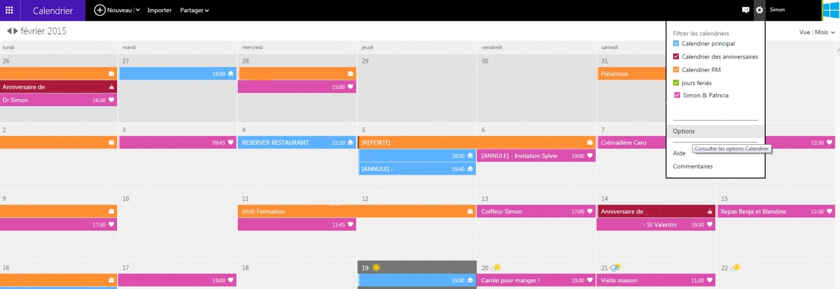 partage de calendrier outlook