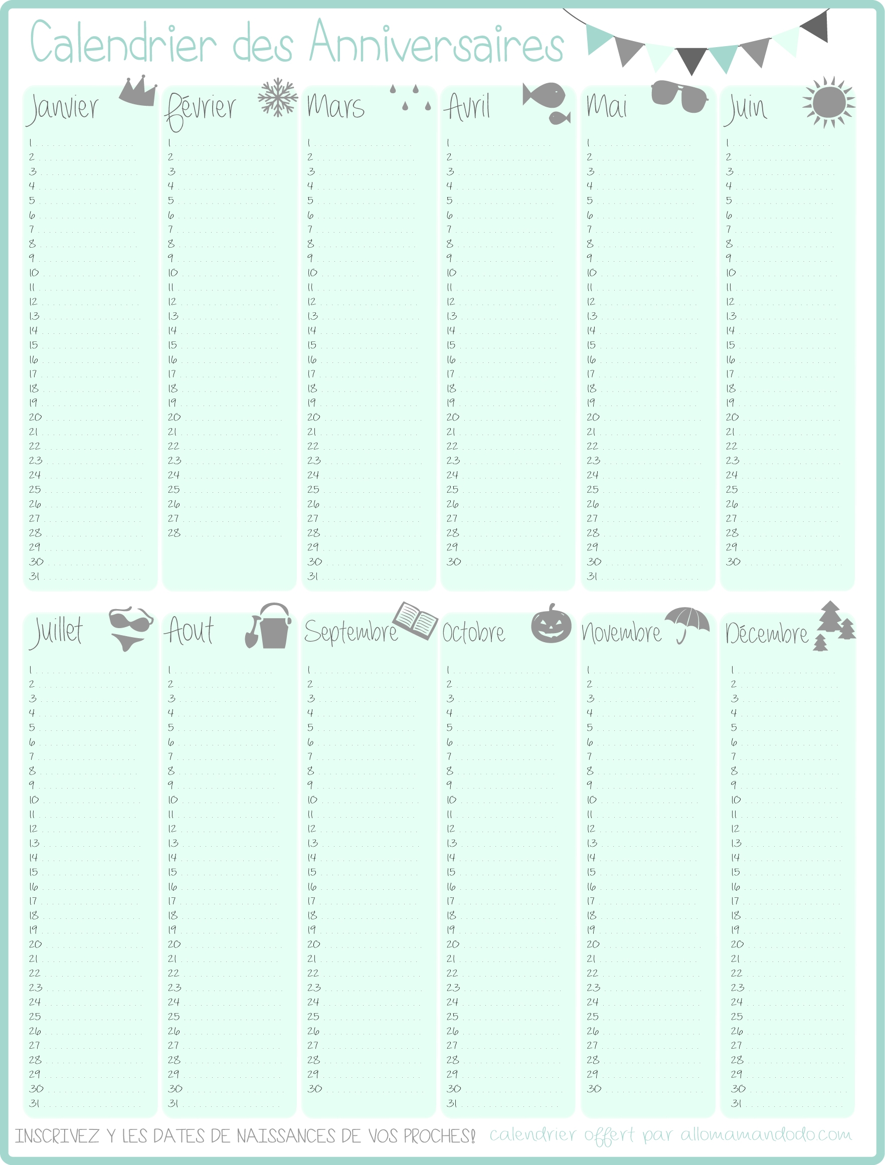 Un Calendrier Des Anniversaires Pour Ne Jamais Plus Les Zapper Gratuit Printable Allo Maman Dodo