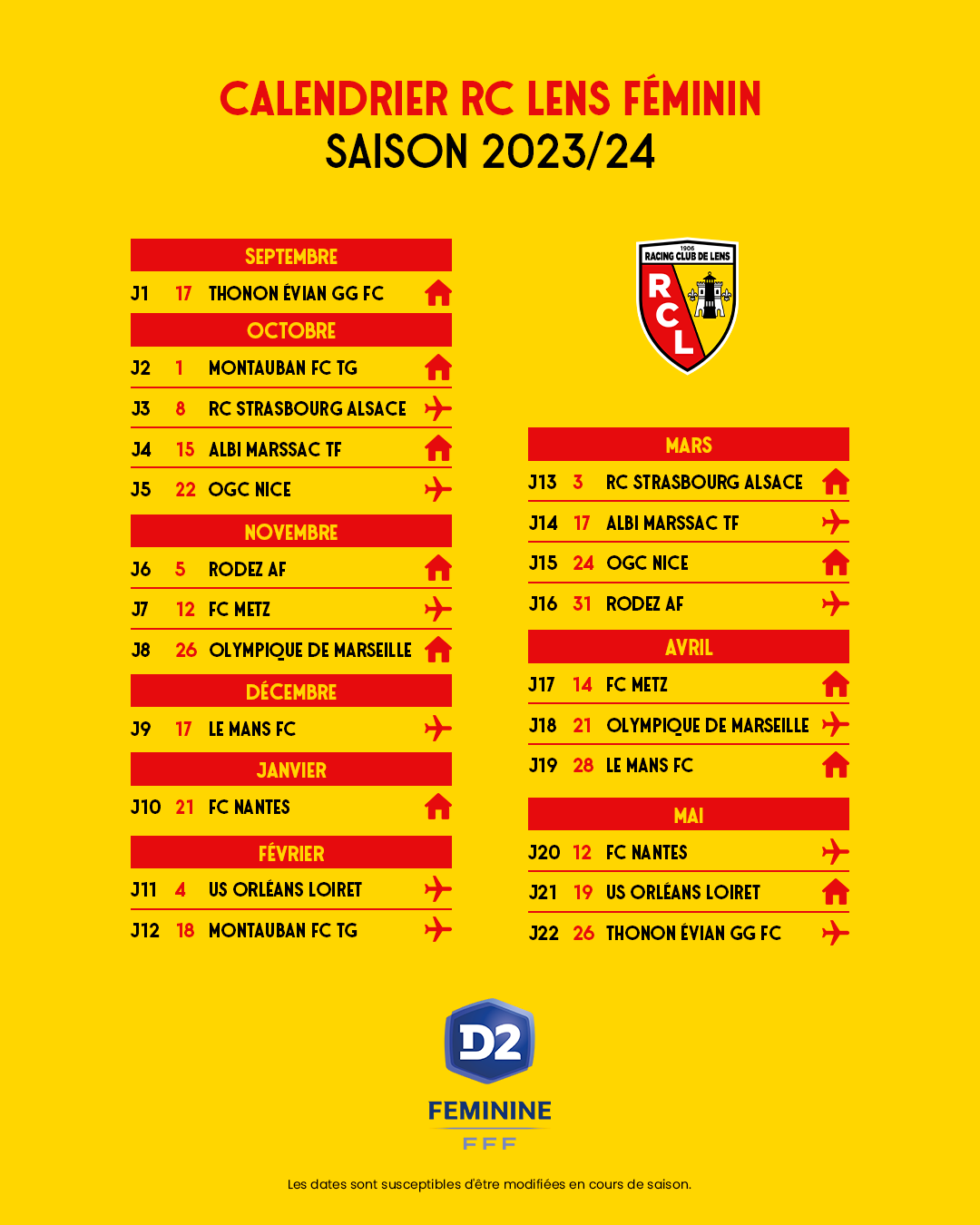 calendrier d2 féminine