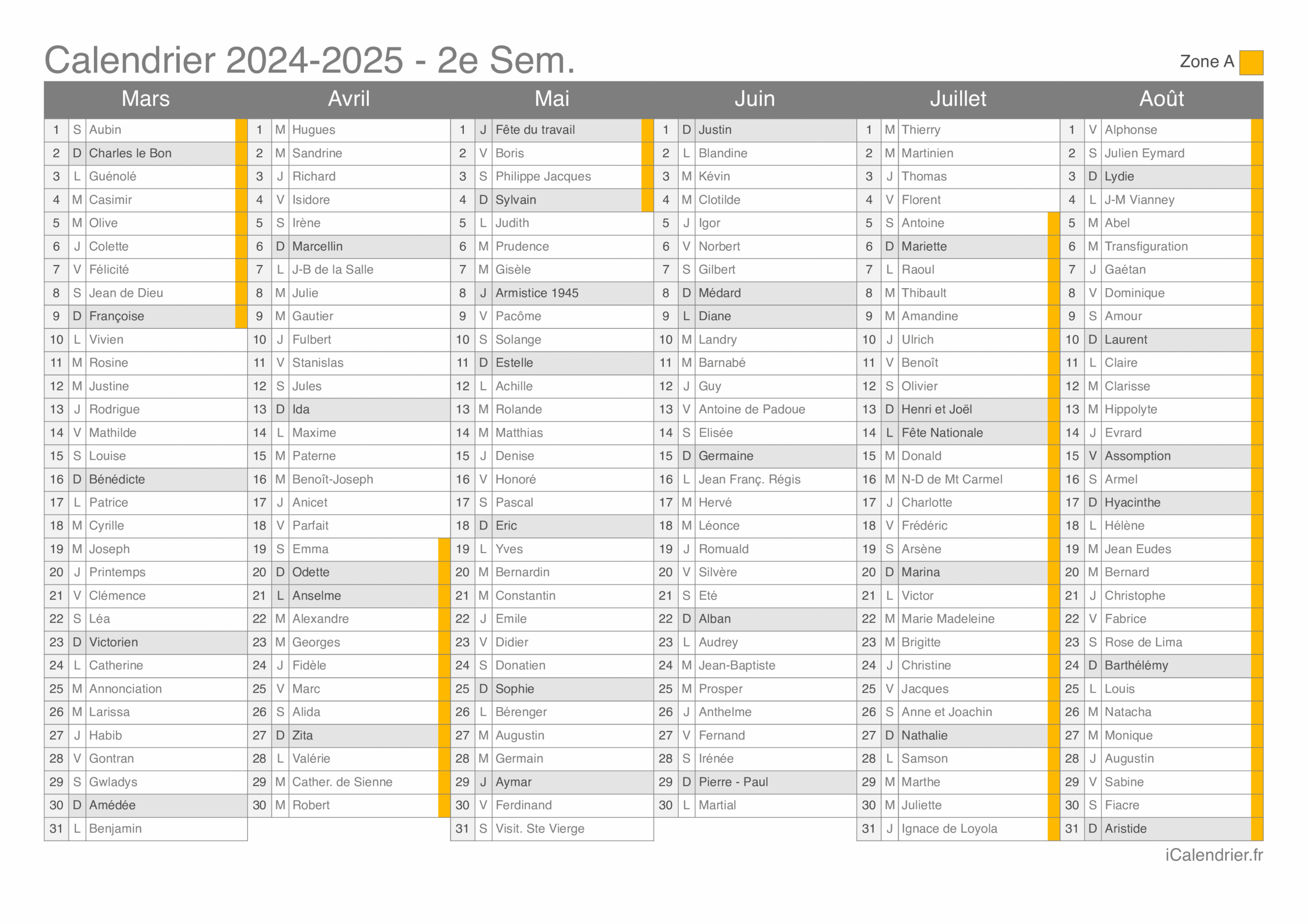 calendrier scolaire 24 25 à imprimer